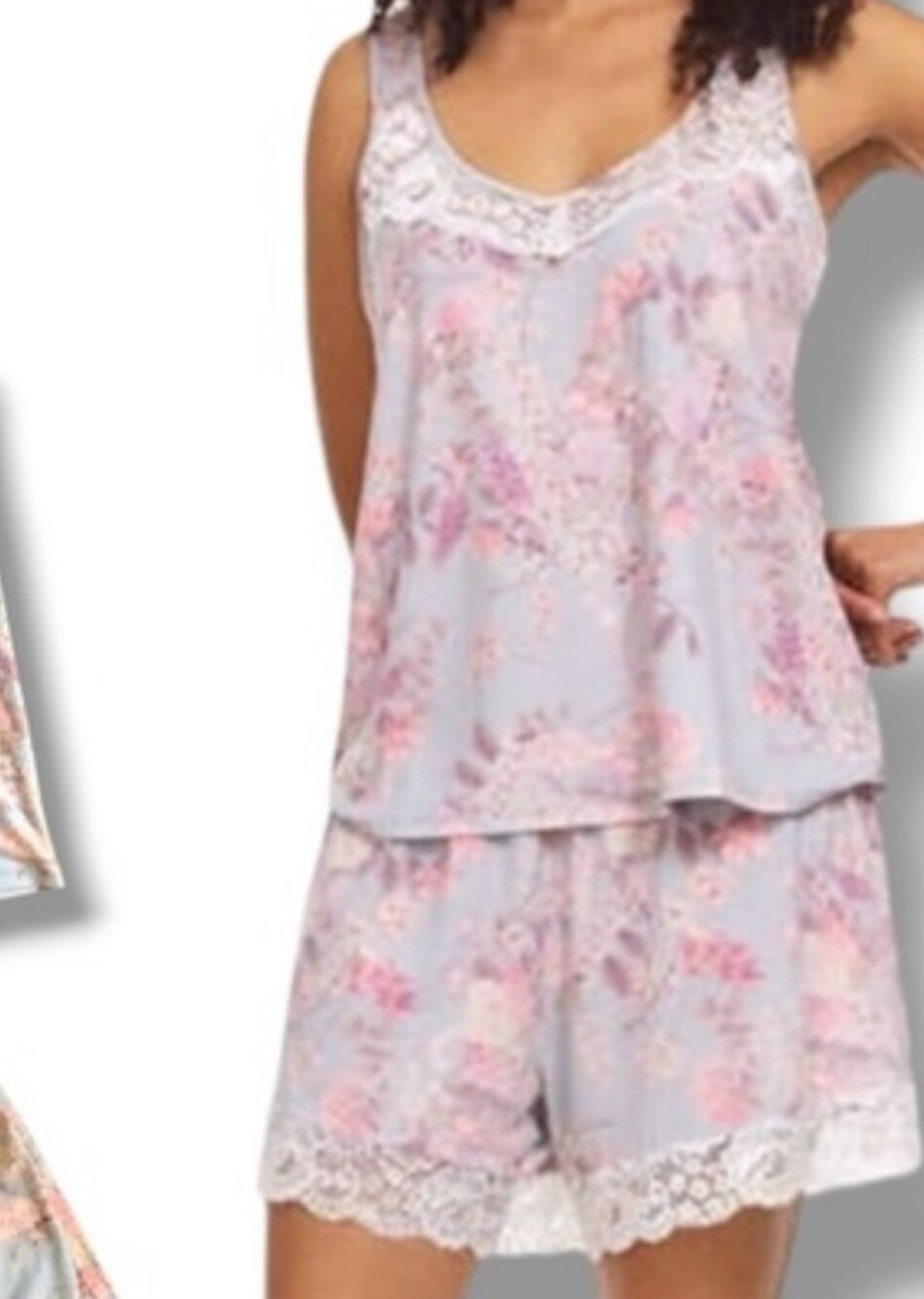 Flora Nikrooz Floral Lace-Trim Cami & Shorts Set in Pink and Gray